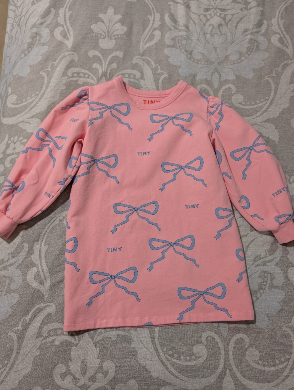 Tiny Cottons Girl's Pink Bow Print Sweatshirt Dress Size 8